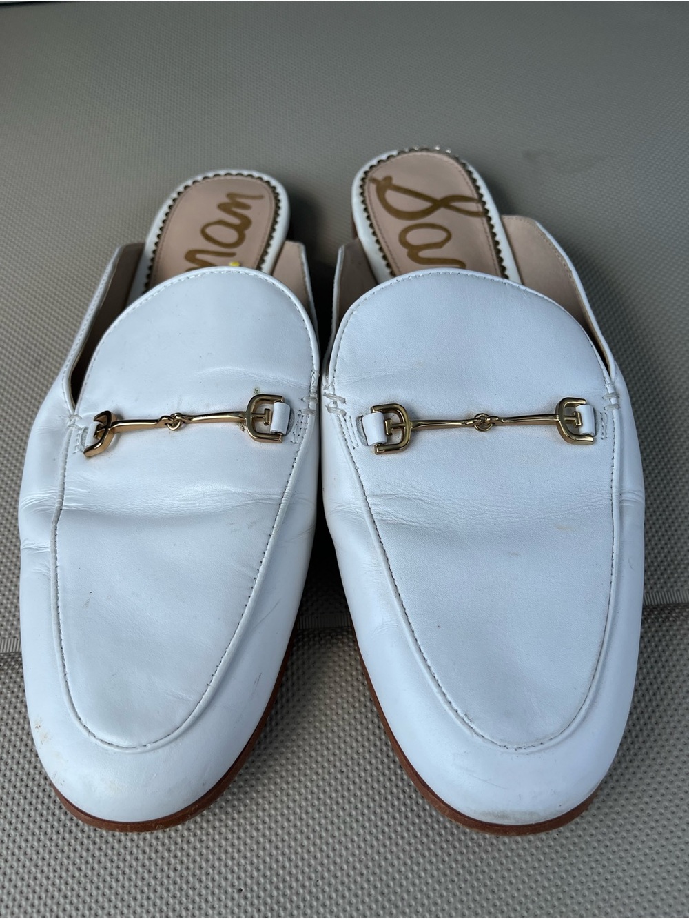 White Leather Slip-On Mule with Gold Horsebit